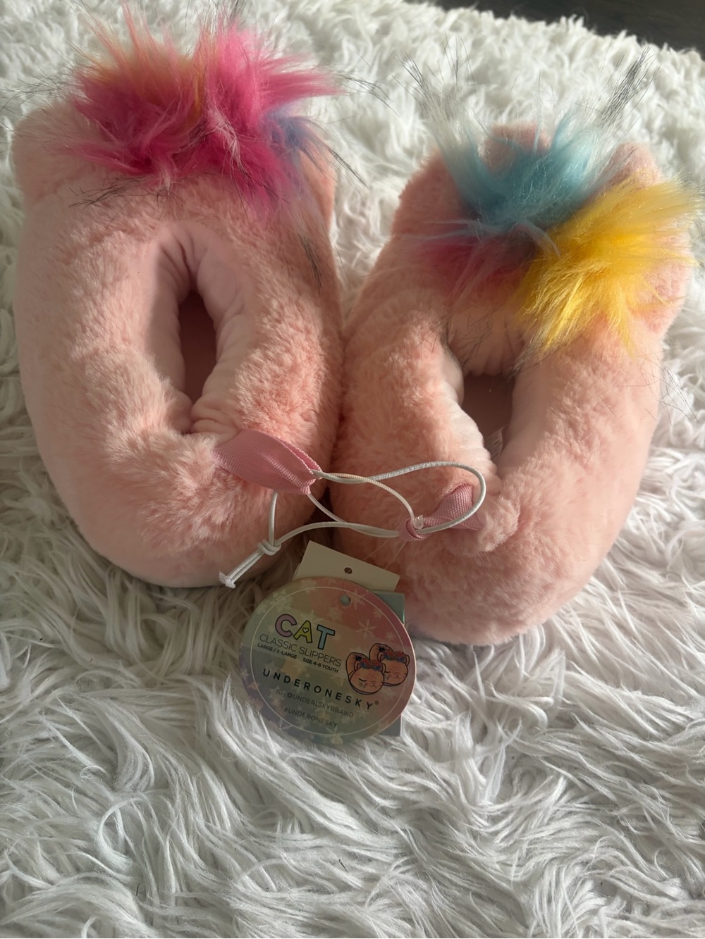 Under One Sky Pink Plush Kids Slippers with Rainbow Pom Poms
